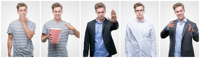 Collage of handsome blond man wearing different outifits