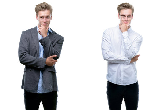 Young handsome blond business man wearing different outfits looking confident at the camera with smile with crossed arms and hand raised on chin. Thinking positive.