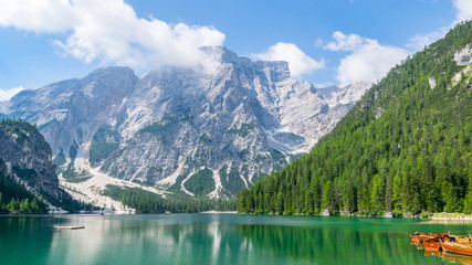 Naklejka na ściany i meble Idyllic summer landscape with mountain lake and Alps