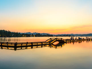 Fototapeta na wymiar Beautiful Hangzhou West Lake landscape at sunset