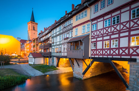 Historic city center of Erfurt with Kr&auml;merbr&uuml;cke bridge illuminated at twilight, Th&uuml;ringen, Germany
