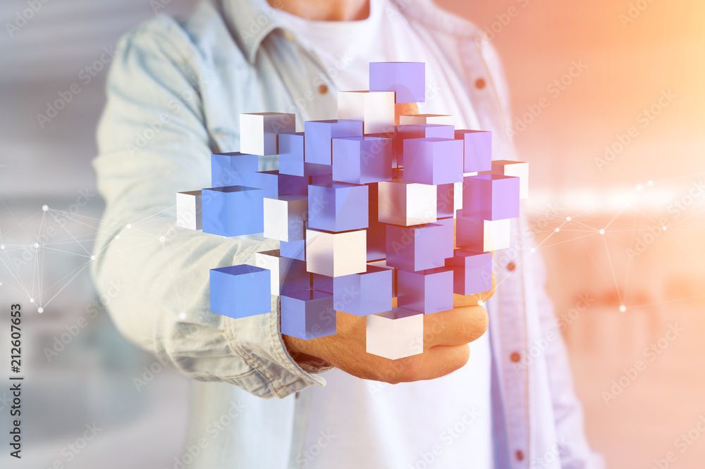 Aufkleber 3d rendering blue and white cube on a futuristic interface