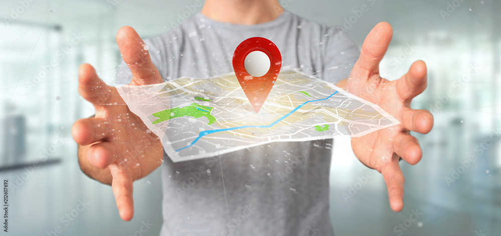Poster man holding a 3d rendering pin holder on a map