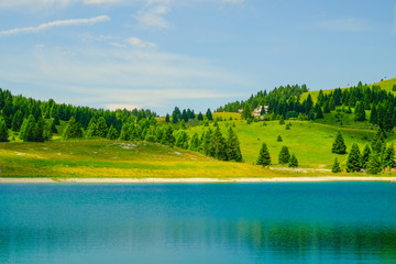 Panorami di un bellissimo laghetto di montagna color smeraldo in una giornata estiva di sole; Folgaria - Passo Coe - Trentino Alto Adige - Italia