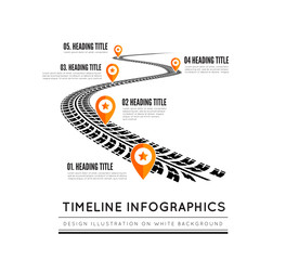Road way design infographics. Tire tracks timeline