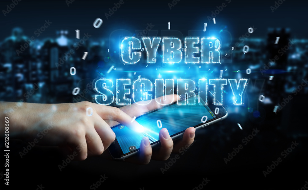 Poster businessman using cyber security text hologram 3d rendering