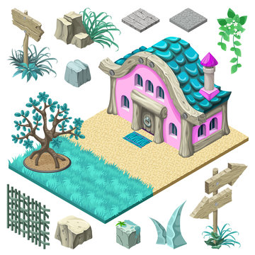 3d isometric building for computer games. Cottage and collection icons create landscape design. Vector cartoon illustration.