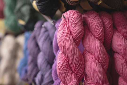 Multicolored of yarn arranged in row