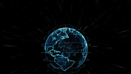 Earth connections, Rotation of glossy planet with glowing particles, Animation of the Earth with bright connections, Aerial, maritime, ground routes and country borders, Abstract world map background