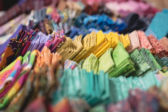 Various color fabric arranged in row 