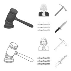 Judge, wooden hammer, barbed wire, pickaxe. Prison set collection icons in outline,monochrome style vector symbol stock illustration web.
