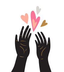 Hand drawn human palms with hearts isolated on the white background. Vector illustration. Cute decor for valentines day card or banners.