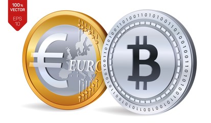 Bitcoin. Euro coin. 3D isometric Physical coins. Digital currency. Cryptocurrency. Golden and silver coins with Bitcoin and Euro symbol isolated on white background. Vector illustration.