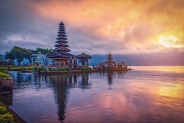 Pura Ulun Danu Bratan, Hindu temple on Bratan lake landscape at sunrise in Bali, Indonesia.