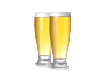 two glasses with a light beer on a white background. isolated