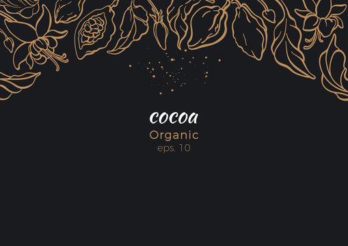 Vector banner of cocoa tree, golden foliage, bean.