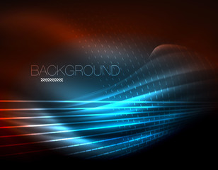 Smooth light effect, straight lines on glowing shiny neon dark background. Energy technology idea