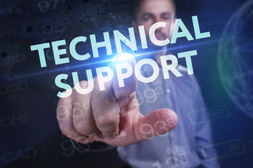 The concept of business, technology, the Internet and the network. A young entrepreneur working on a virtual screen of the future and sees the inscription: Technical support