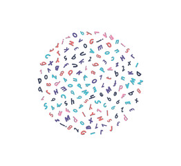 Vector color pattern circle with letters of the alphabet in random order on a white background. Suitable for web backgrounds, textiles and wrapping paper.