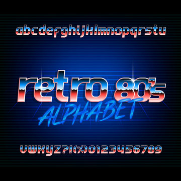 80s retro alphabet font. Metallic effect small caps letters and numbers. Stock vector typography.