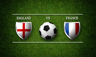 Football Match schedule, England vs France, flags of countries and soccer ball - 3D rendering