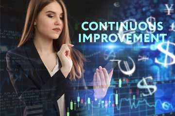 The concept of business, technology, the Internet and the network. A young entrepreneur working on a virtual screen of the future and sees the inscription: Continuous improvement