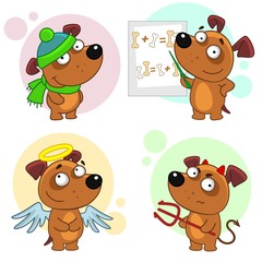 Set of cartoon illustration icons for design and children with dogs, Dog angel, devil, teacher with presentation and in hat with scarf.