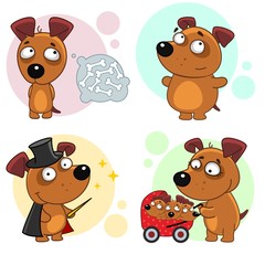 A set of cartoon illustration icons for design and children with dogs, a fat and thin dog, a magician and a mom with a stroller and puppies.