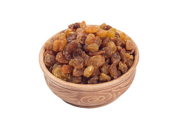 Raisin in brown cup isolated on the white background