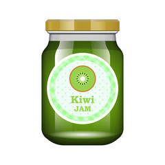 Jam kiwi. Glass jar with jam and configure. Vector illustration. Packaging collection. Label for jam. Bank realistic. Mock up glass jar with design label and logo.