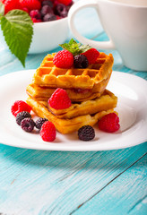waffle dessert fruit berries fresh sweet wooden background
