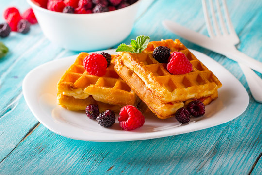 Waffle Dessert Fruit Berries Fresh Sweet Wooden Background
