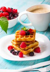 waffle dessert fruit berries fresh sweet wooden background

