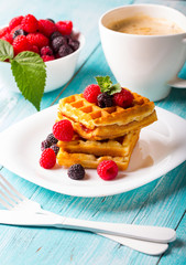 waffle dessert fruit berries fresh sweet wooden background
