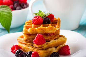 waffle dessert fruit berries fresh sweet wooden background
