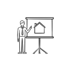 Real estate listing presentation hand drawn outline doodle icon. Real estate agent shows house on the screen as realty presentation concept. Vector sketch illustration on white background.