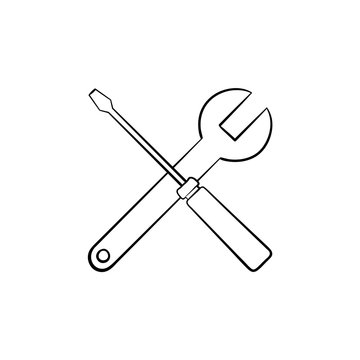 Repair tools hand drawn outline doodle icon. Crossed screwdriver and wrench as house repair, fix and maintenance service concept. Vector sketch illustration on white background.