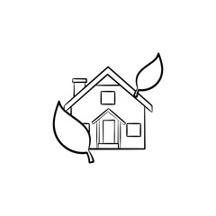 Eco friendly house hand drawn outline doodle icon. Cottage with leaves around as green smart housing technology and ecologically clean area concept. Vector sketch illustration for print, web, mobile