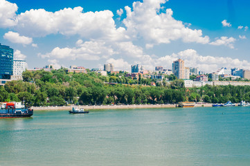 view of the embankment in Rostov-on-don. white clouds, blue sky, beautiful view