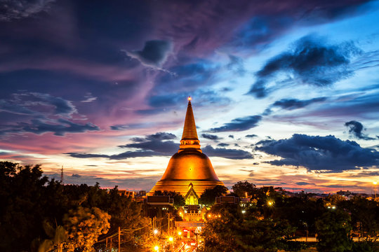 Beautiful sunset and Pagoda at twilight time, Thailand.