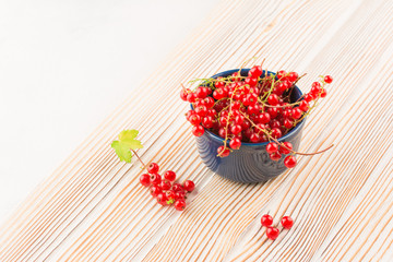 Close up view of blue cup with red currant berry and small bunch of red currant with green leaf of currant bush in front of cup isolated on white wood background.