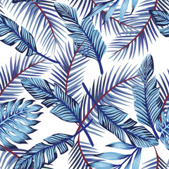 Blue exotic leaves seamless white background