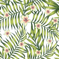 Behang Plumeria palmbladeren groen naadloos patroon © berry2046