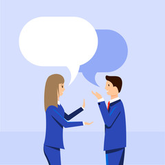 Businessman and business woman discuss about work. Flat style. Talking. Vector illustration design.