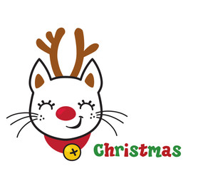 Head of a cute kitty in a Christmas deer costume. Vector illustration isolated on white background.