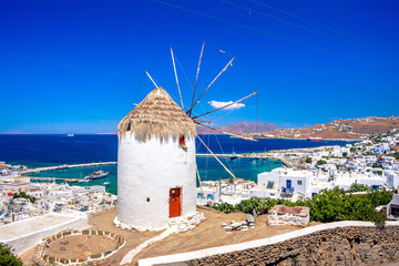 Traditional greek windmills on Mykonos island, Cyclades, Greece - obrazy, fototapety, plakaty