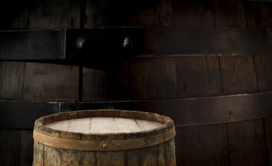 background of barrel and worn old table of wood