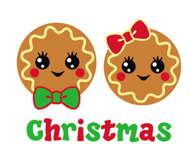 Two cute Christmas cookies with funny faces.  Boy and  girl. Vector illustration isolated on white background.
