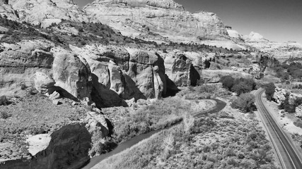 Road and mountains of Zion National Park, aerial view