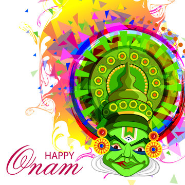 Happy Onam Festival Background with Kathakali dancer